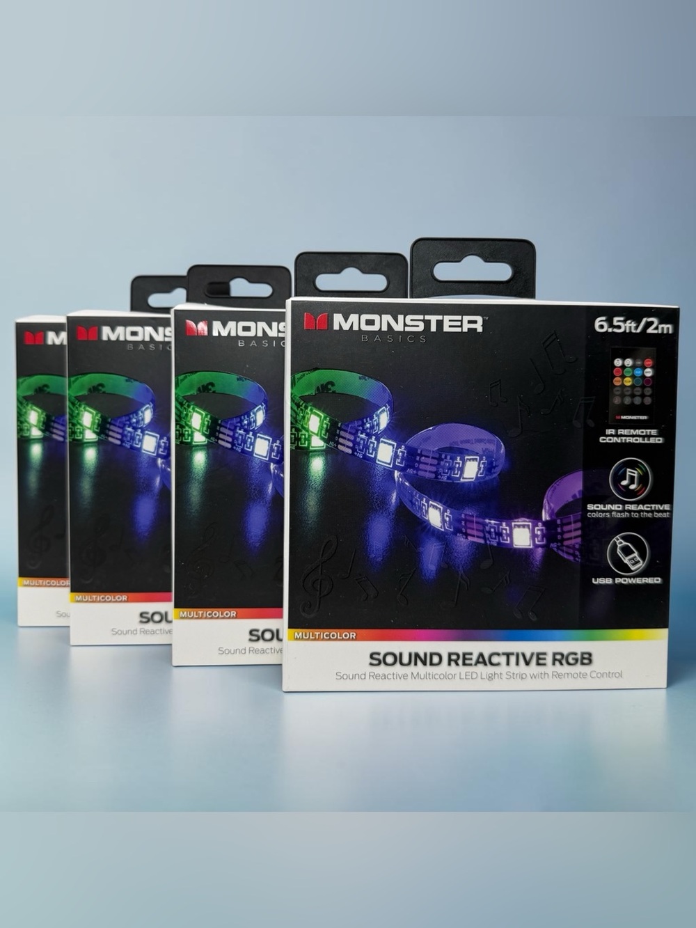4 Pack Monster Light Strip 6.5ft Sound Reactive RGB LED USB Remote Multicolor